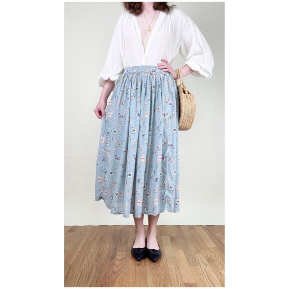 Vintage Butterfly Print Midi Maxi Skirt Pleated Romantic Whimsical Dainty Flowy - Picture 8 of 8